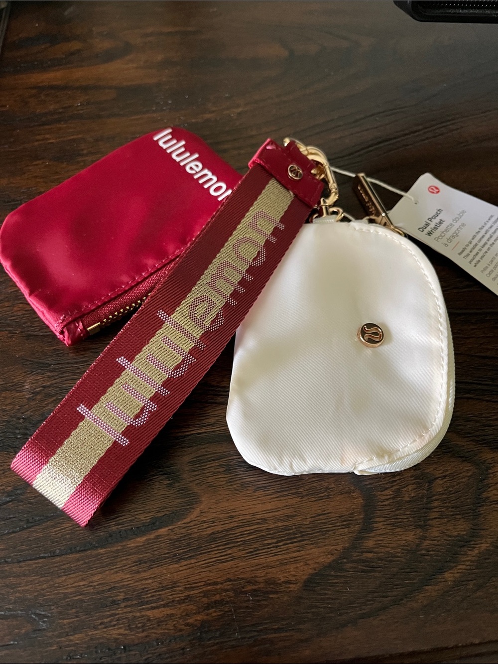lululemon Burgundy and Cream Wristlet Key Pouch Set with Strap NWT